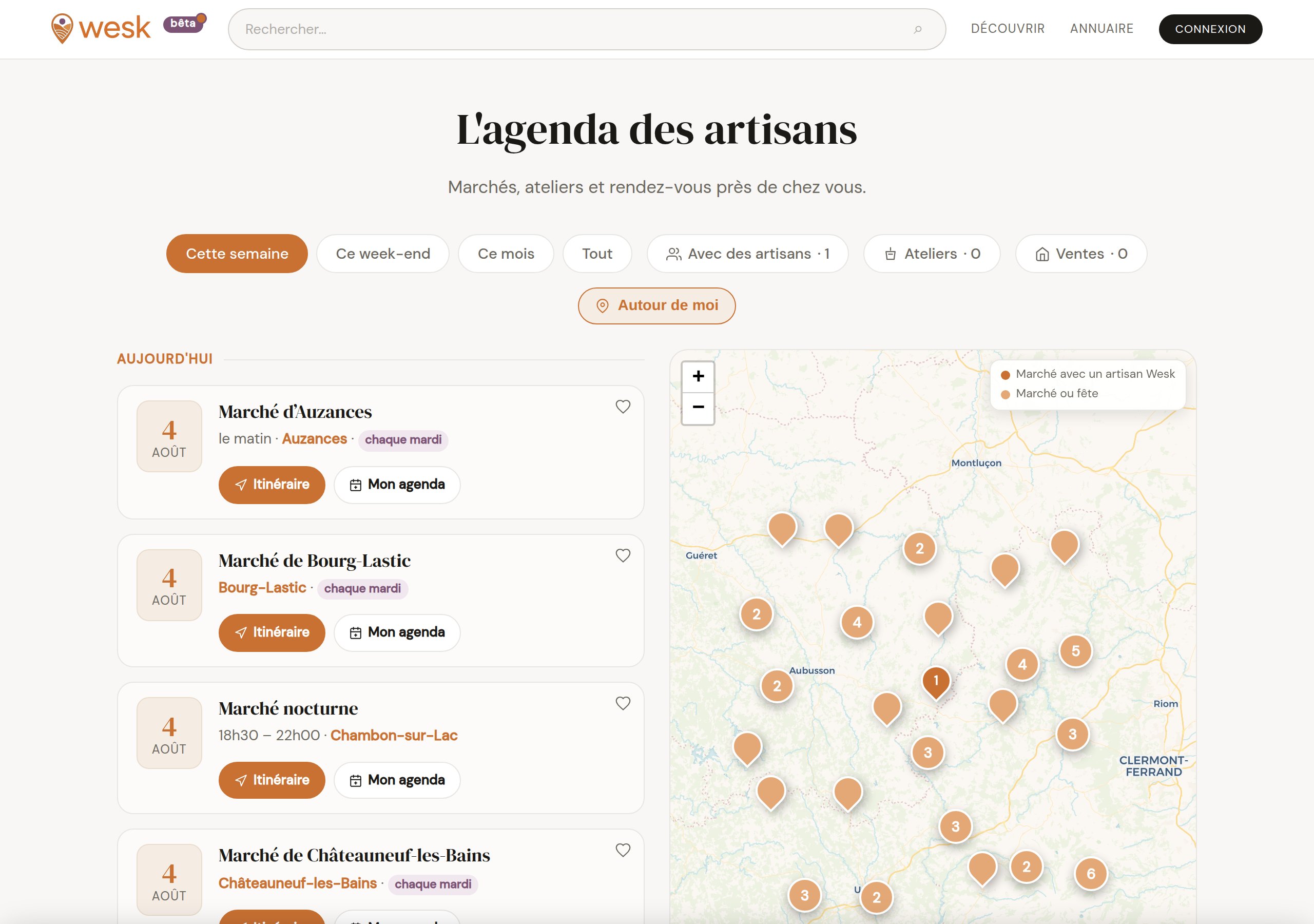 Capture d'écran : agenda des artisans sur Wesk