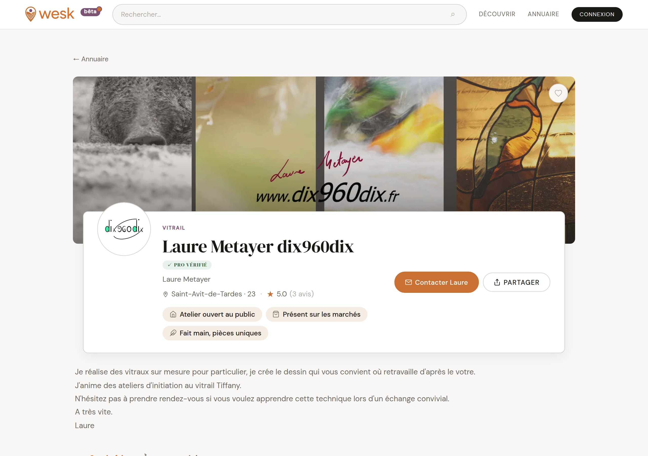 Capture d'écran : vitrine d'un artisan sur Wesk
