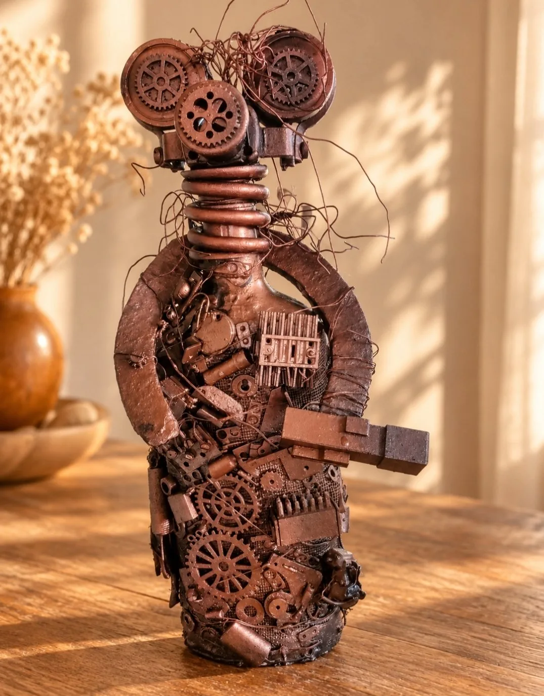 Le gardien des rouages : Le Gardien des Rouages – Sculpture steampunk sur bouteille de whisky recyclée.