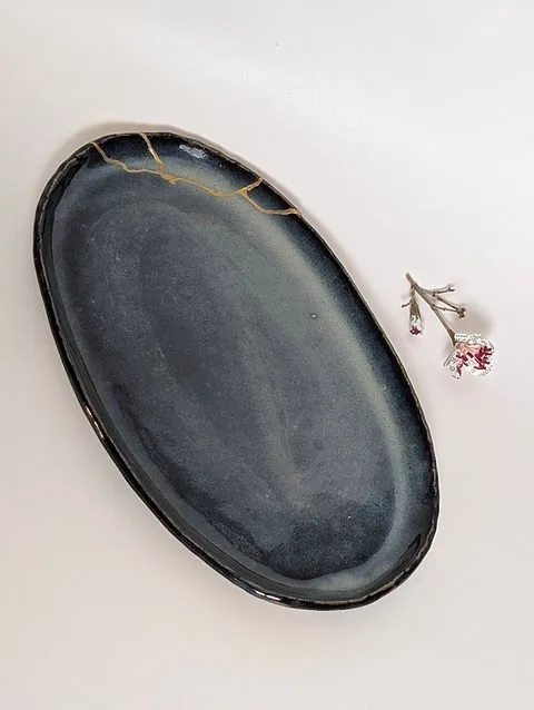 Petit Plateau Ovale Hagi-Yaki - Kintsugi Traditionnel Japonais - Yellow Brass